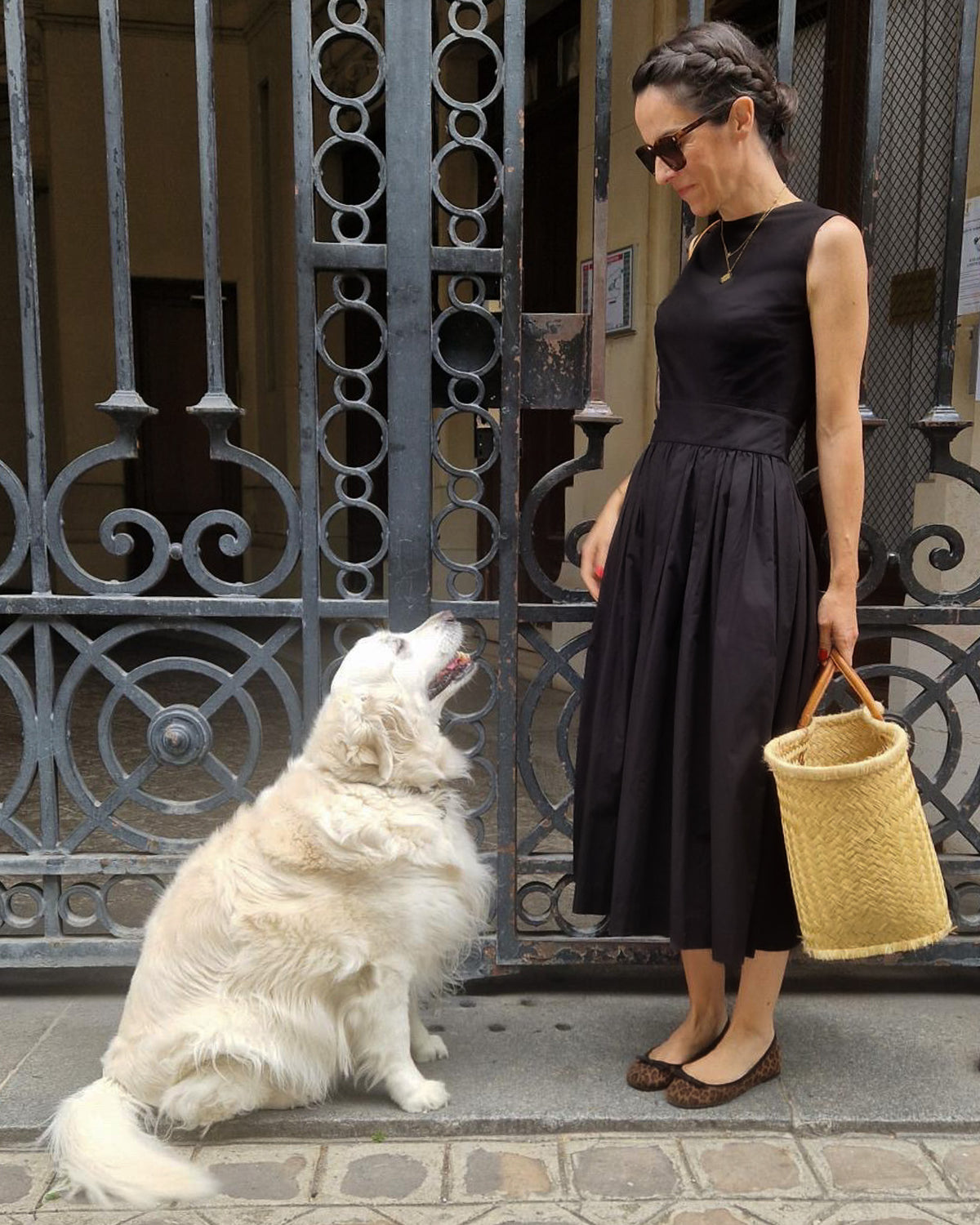 elegant woman with dog in a black Anna dress by room502