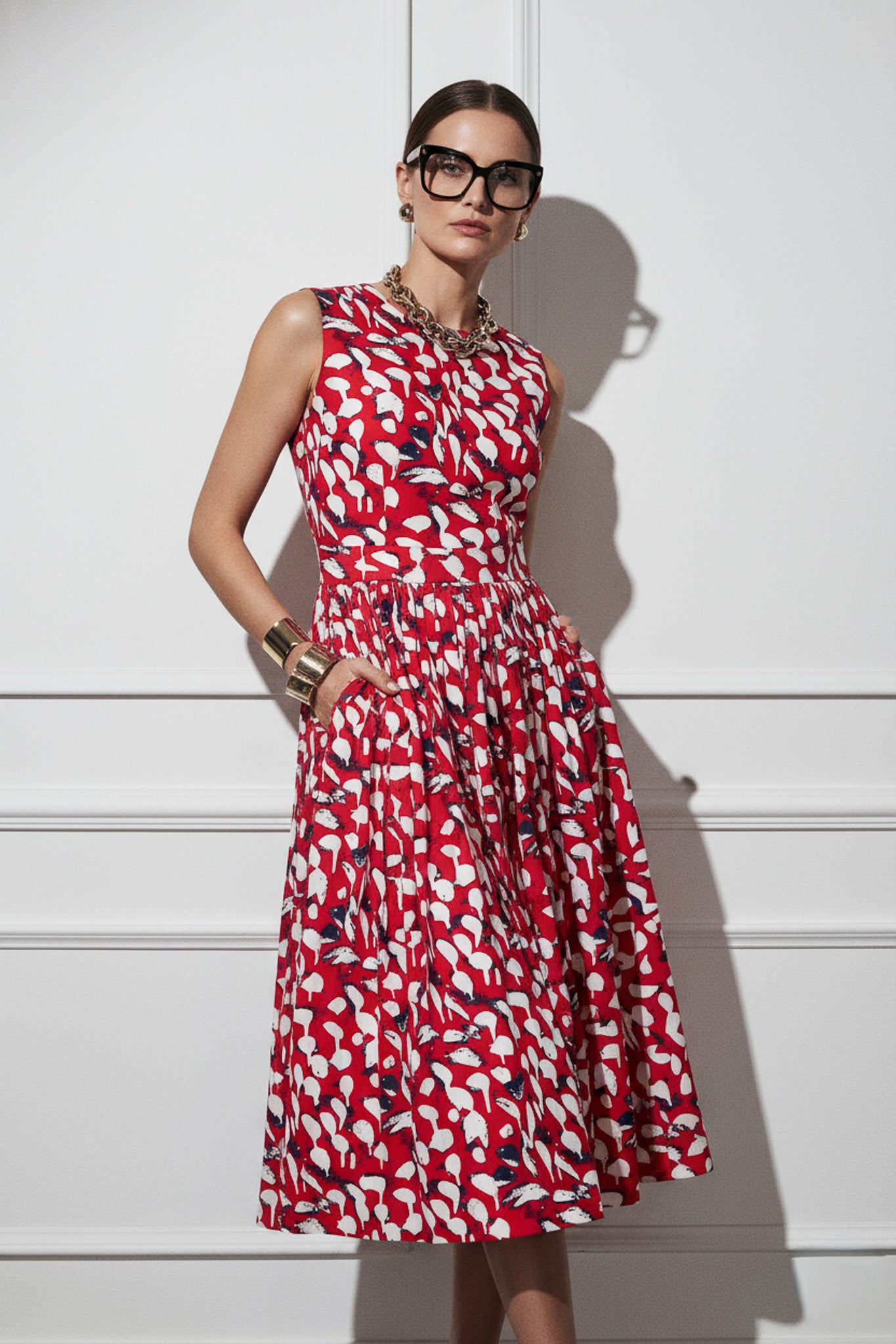 Woman wearing a Cotton Sleeveless Red print dress by Room 502