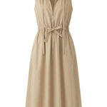 Beige sleeveless dress with a belt on a white background