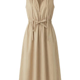 Beige sleeveless dress with a belt on a white background