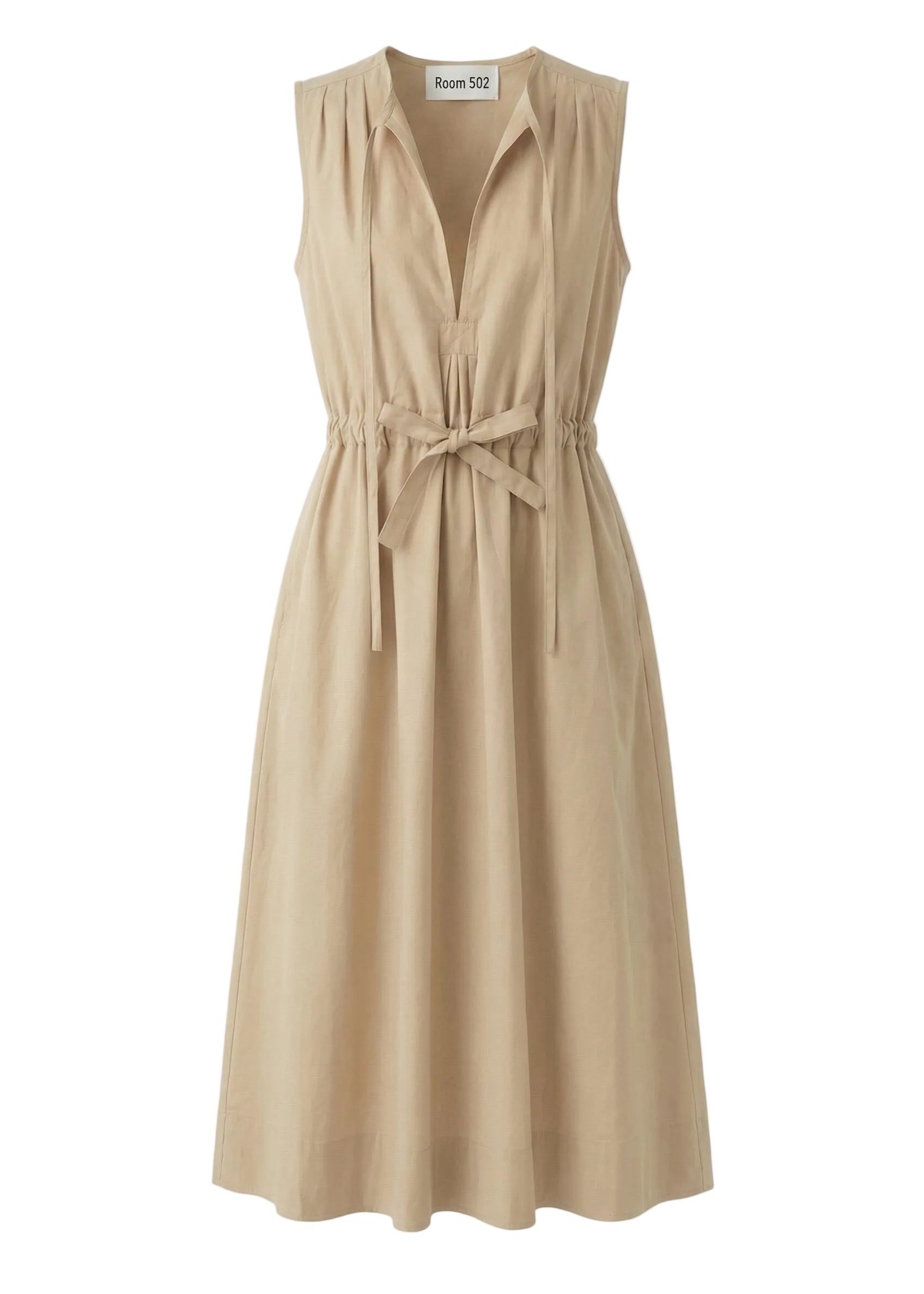 Beige sleeveless dress with a belt on a white background
