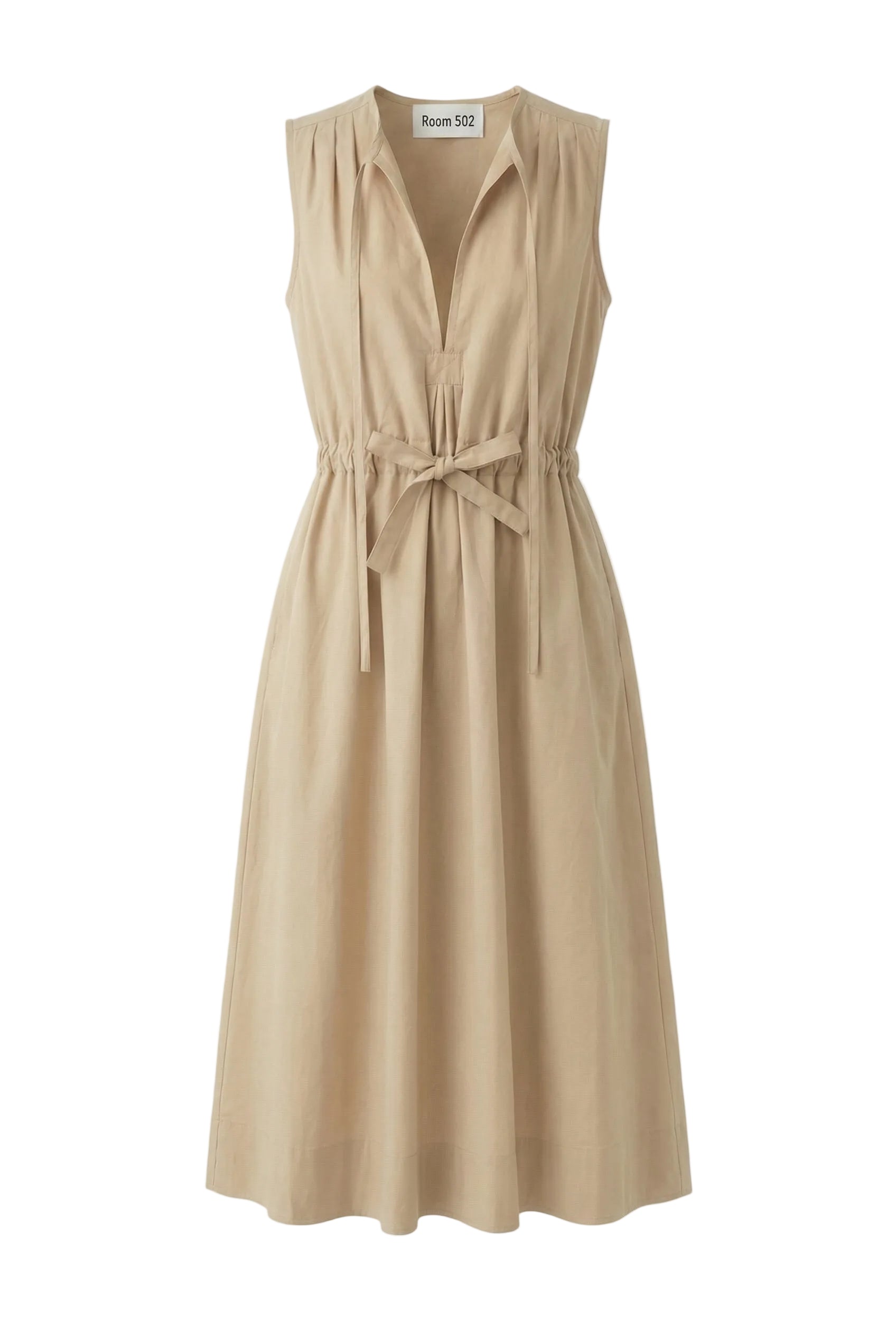 Beige sleeveless dress with a belt on a white background