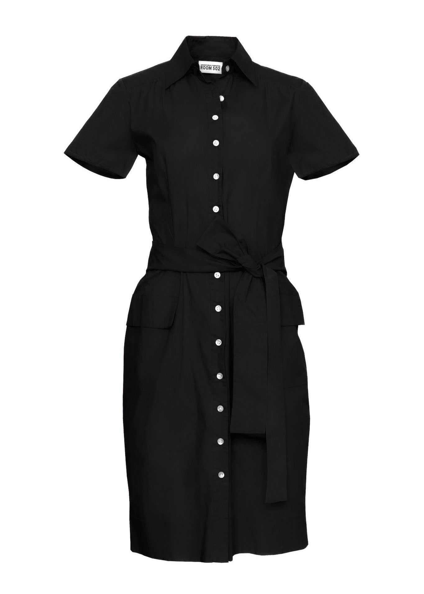Black dress with short sleeves and a belt on a white background