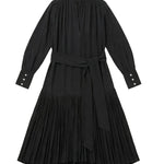 Black pleated dress with long sleeves on a white background