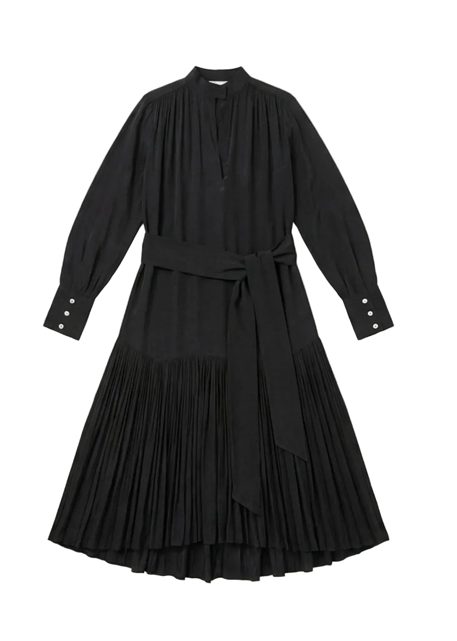 Black pleated dress with long sleeves on a white background