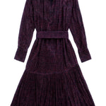 Vintage-style purple dress with long sleeves and a belt on a white background