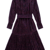 Vintage-style purple dress with long sleeves and a belt on a white background