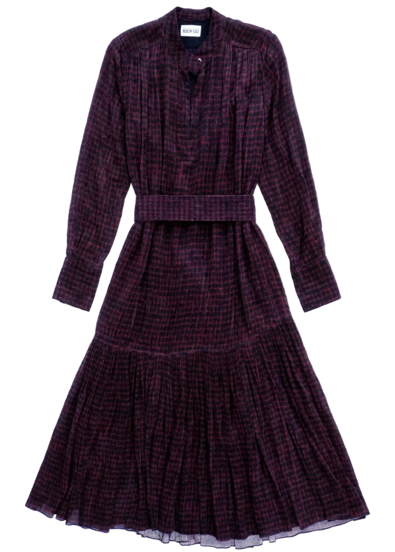 Vintage-style purple dress with long sleeves and a belt on a white background