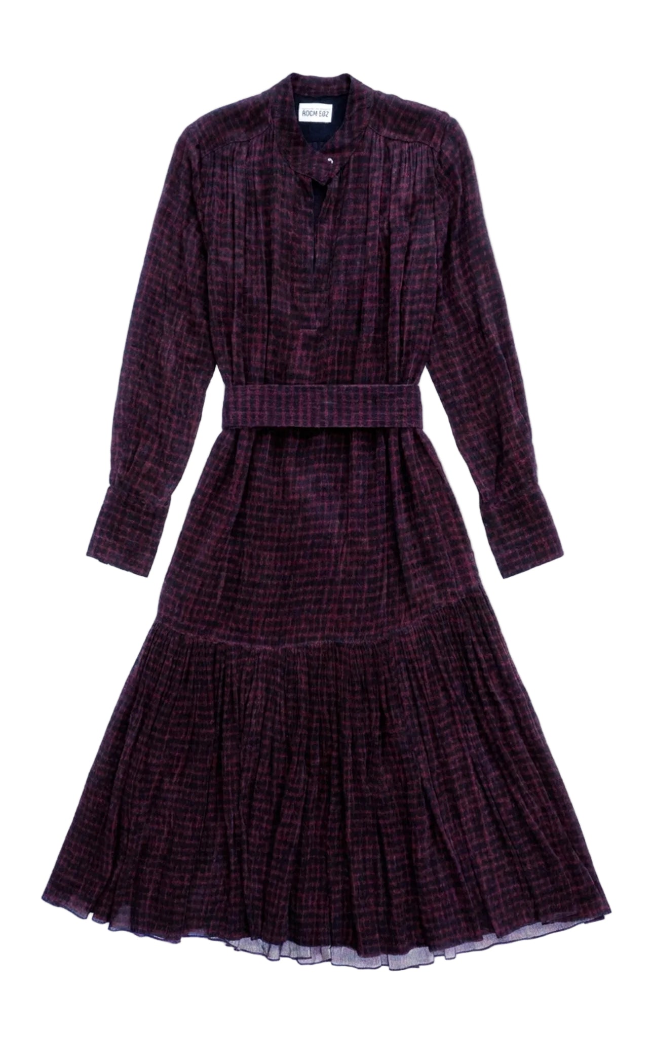 Vintage-style purple dress with long sleeves and a belt on a white background