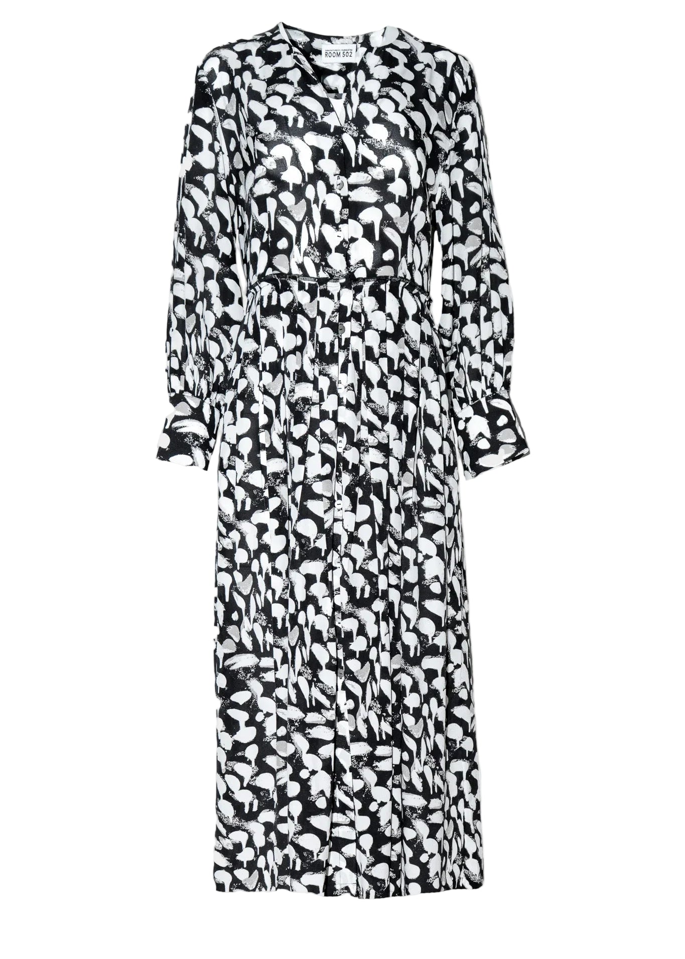 Black and white patterned dress on a light gray background