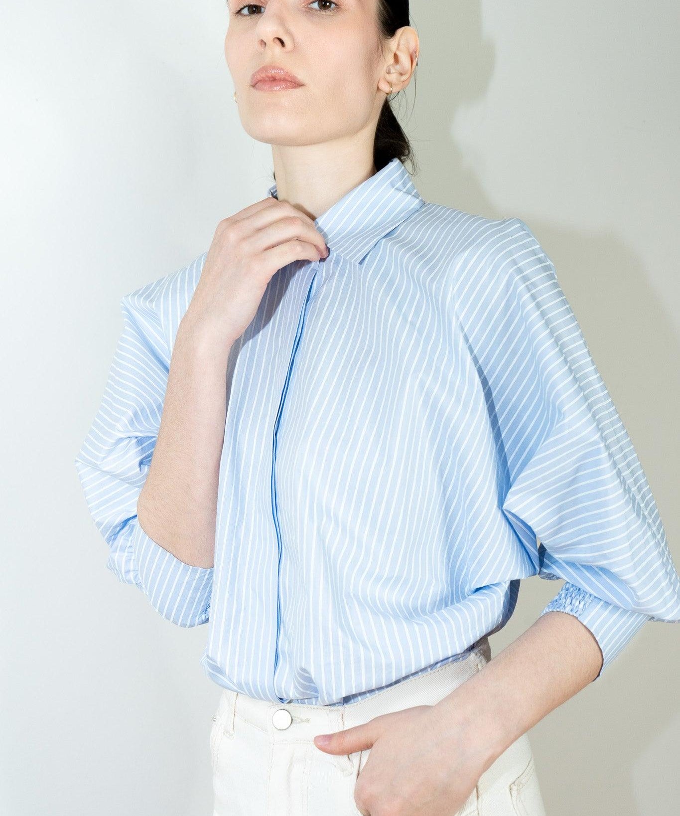 MARIE "COUTURE SHIRT" LIGHT BLUE + BLOCK PRINTED STRIPE - Room 502