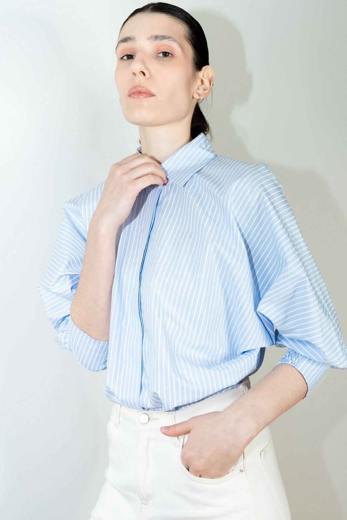 MARIE "COUTURE SHIRT" LIGHT BLUE + BLOCK PRINTED STRIPE - Room 502