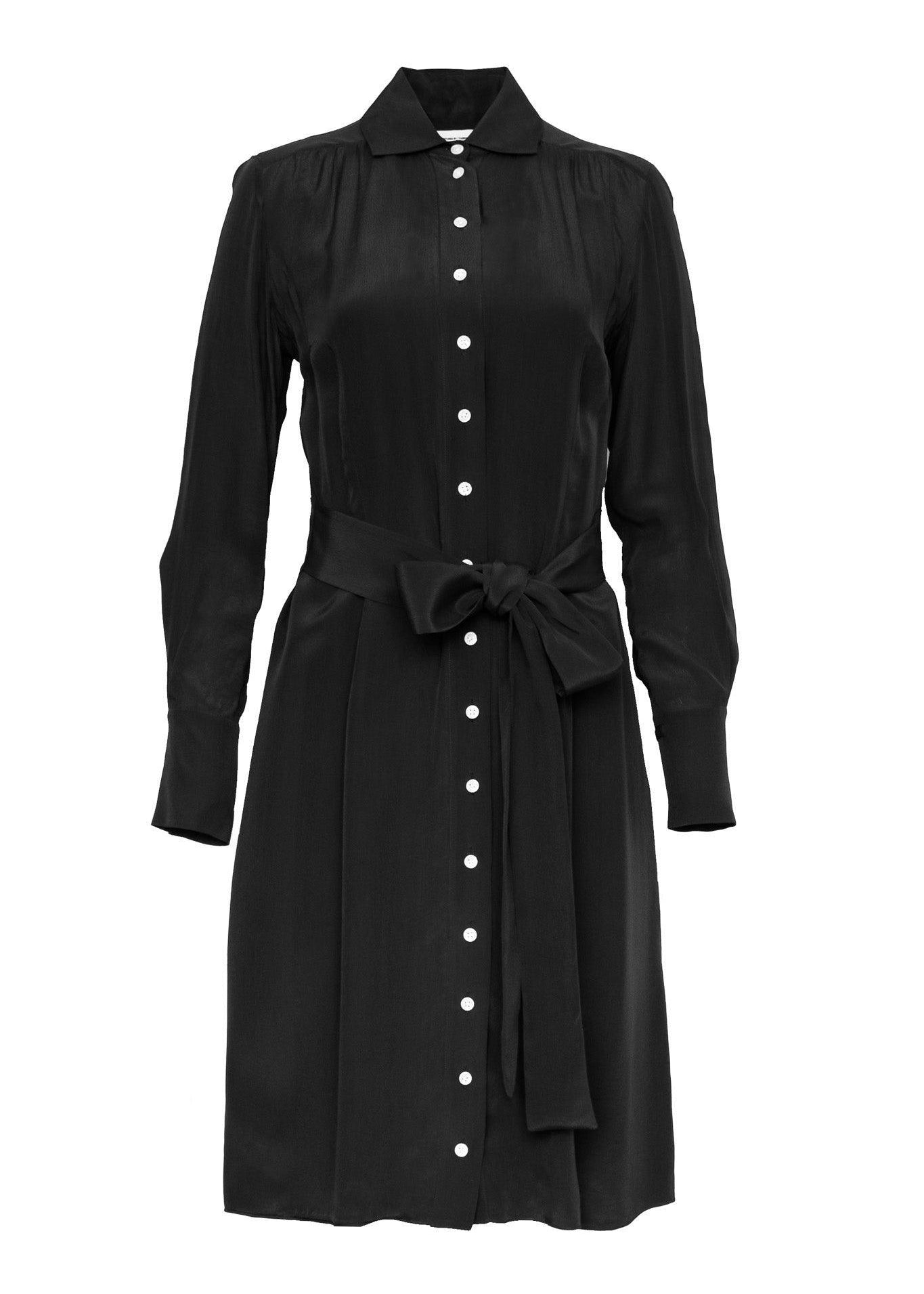 Charlotte black viscose shirtdress integrated belt long sleeve knee length Room 502
