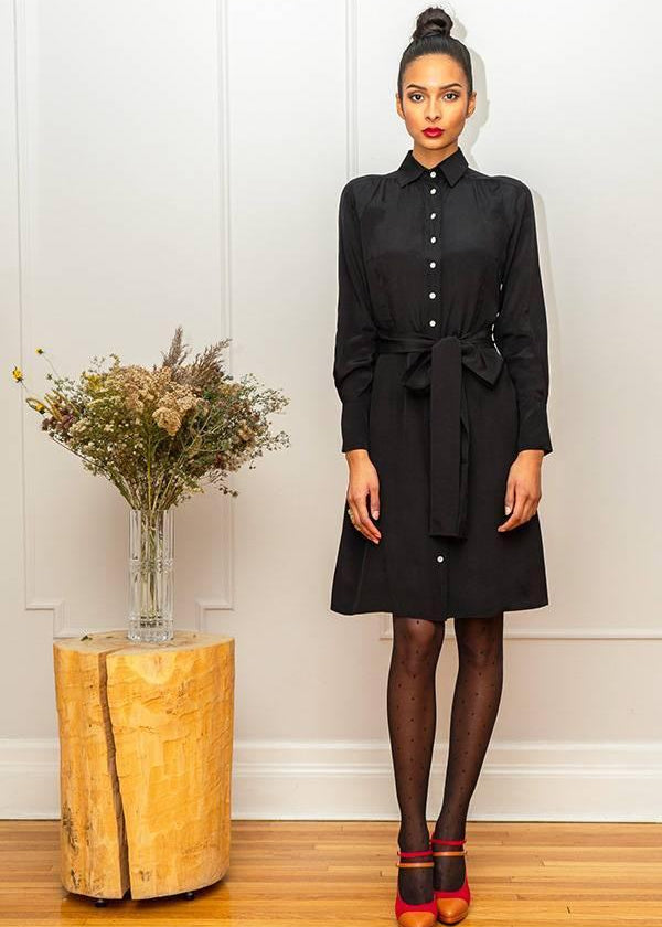 Charlotte black viscose shirtdress integrated belt long sleeve knee length Room 502