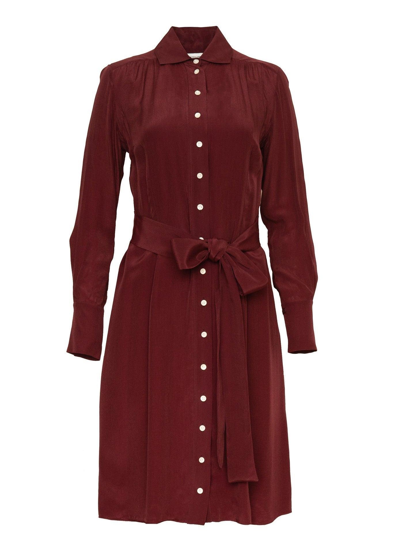 Charlotte bordeaux viscose shirtdress integrated belt long sleeve knee length Room 502